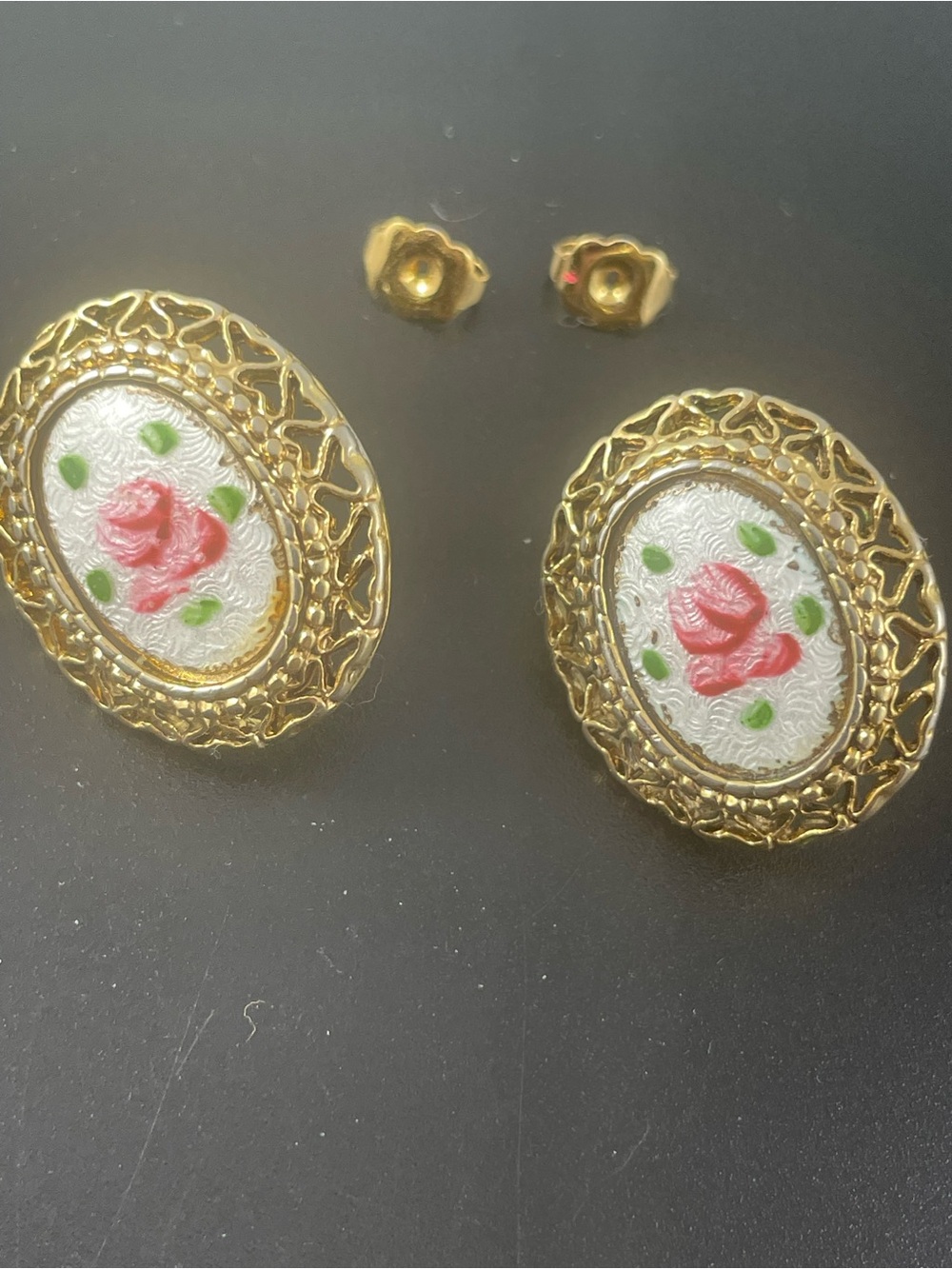 Gold Oval Floral post Earrings with Pink Rose